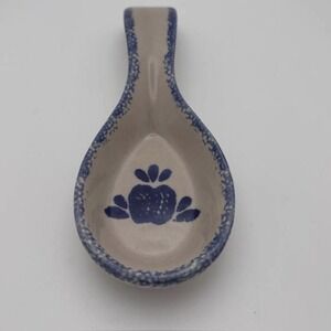 LOOMCO Blue and Beige Apple Design China Pottery Spoon Holder ~ Farmhouse Cute!